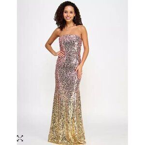Violet Weekend Women's Strapless Ombre Sequin Gown Dress Pink and Gold 7/8 NWT